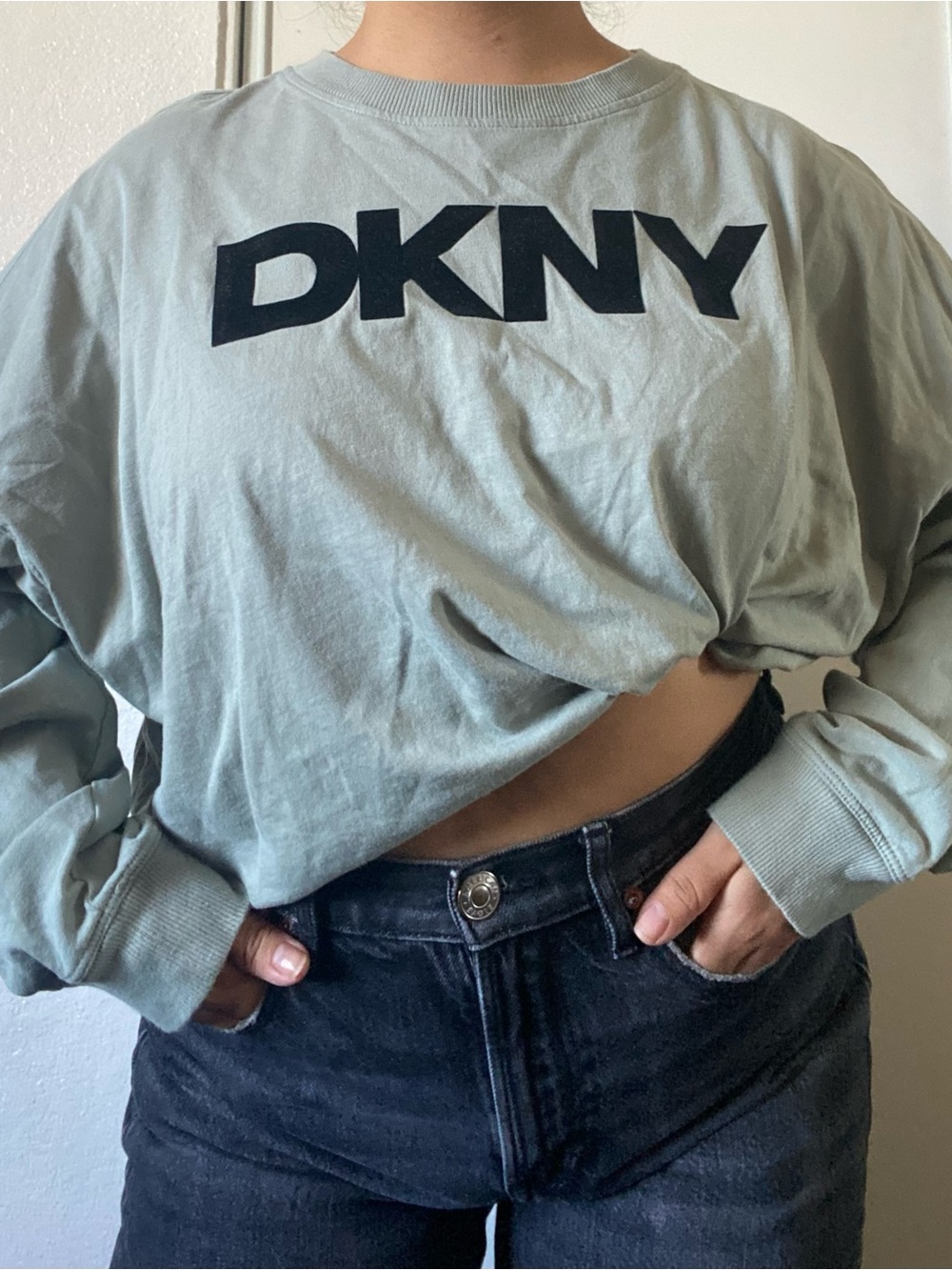 Dkny Green Long Sleeve Crop Top (Medium)